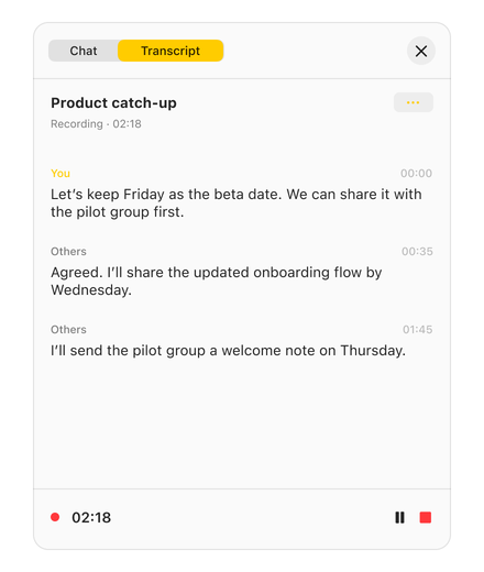 Live meeting transcript with You and Others speakers, timestamps, a recording timer, and pause and stop controls.