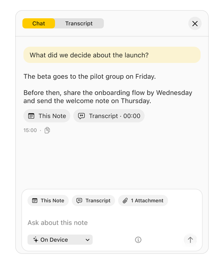 Chat answers a launch question with note and transcript references. The composer includes an attachment and has On Device selected.